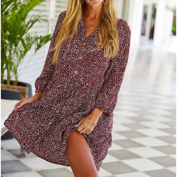 Red Confetti Print Button Down Shift Dress - Picture 4 of 11